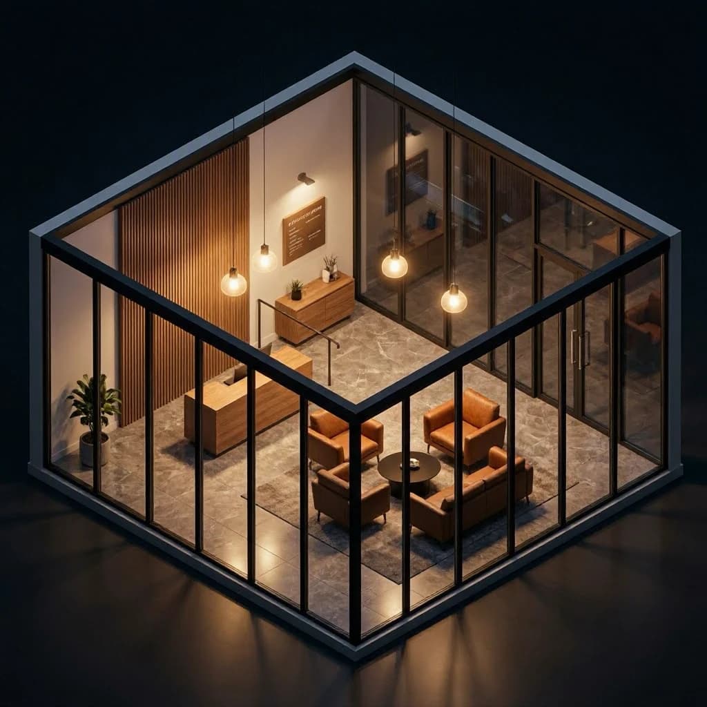 Isometric 3D lobby, glass walls, warm lights, slightly moody, soft shadows.