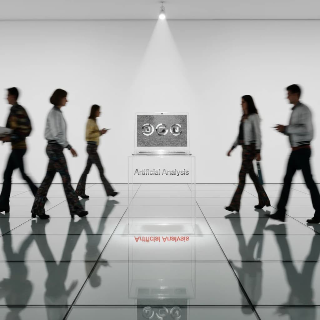 In a spotless gallery space, a pedestal supports a transparent laptop whose screen flickers between static and pristine brand imagery. Shoppers blur past in designer clothes that appear slightly outdated - bell bottoms, metallic jackets. The embossed logo “Artificial Analysis” glints silver, yet its reflection in the glass floor reads in crimson letters. A single spotlight shines, though shadows fall in two directions.