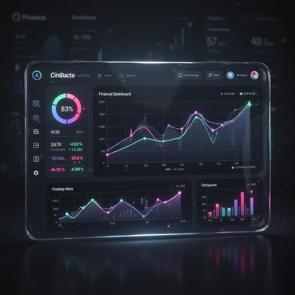 Make a dark mode finance dashboard with charts, glassmorphism, soft neon glow.