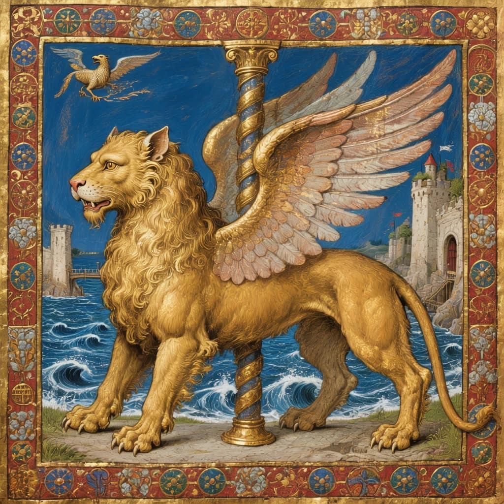 Paint an illuminated manuscript scene of a winged lion guarding a sea gate.