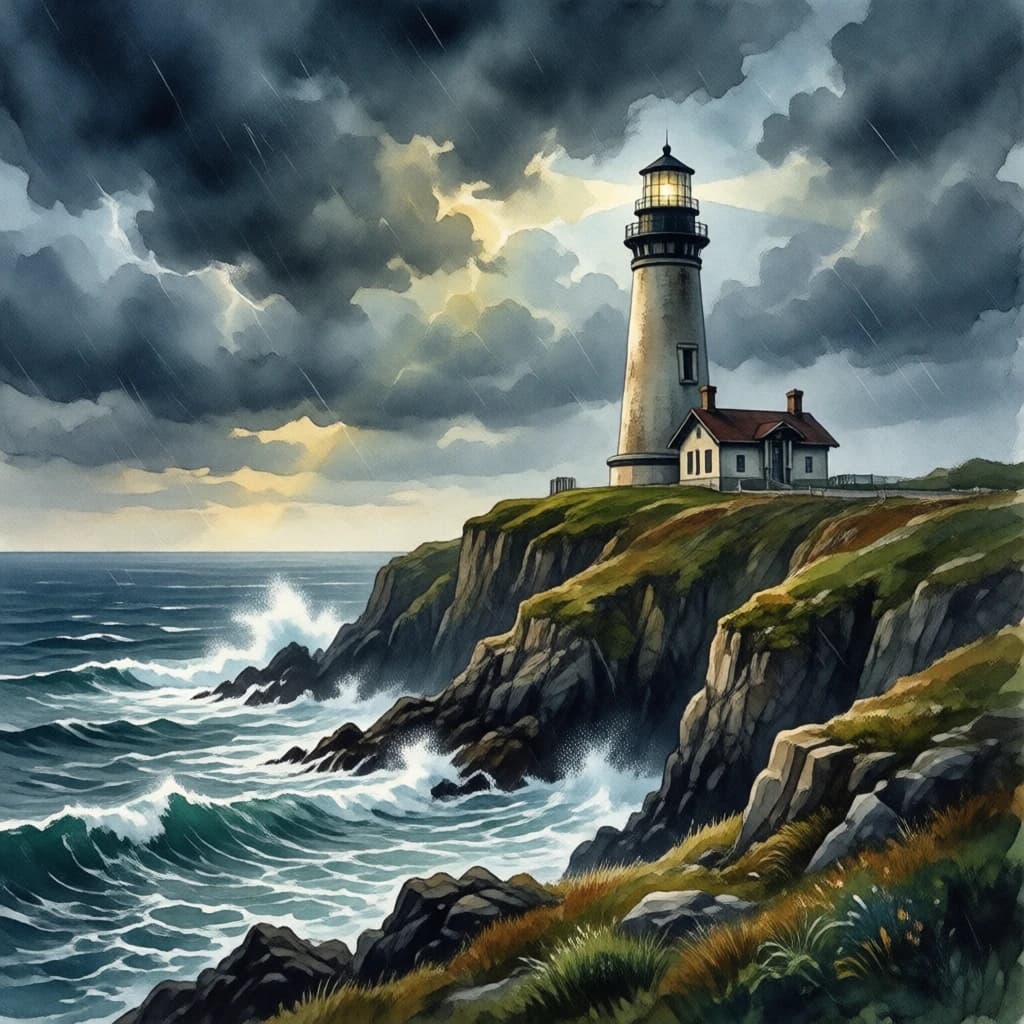 Please paint a watercolor of stormy cliffs and a lighthouse, moody sky.