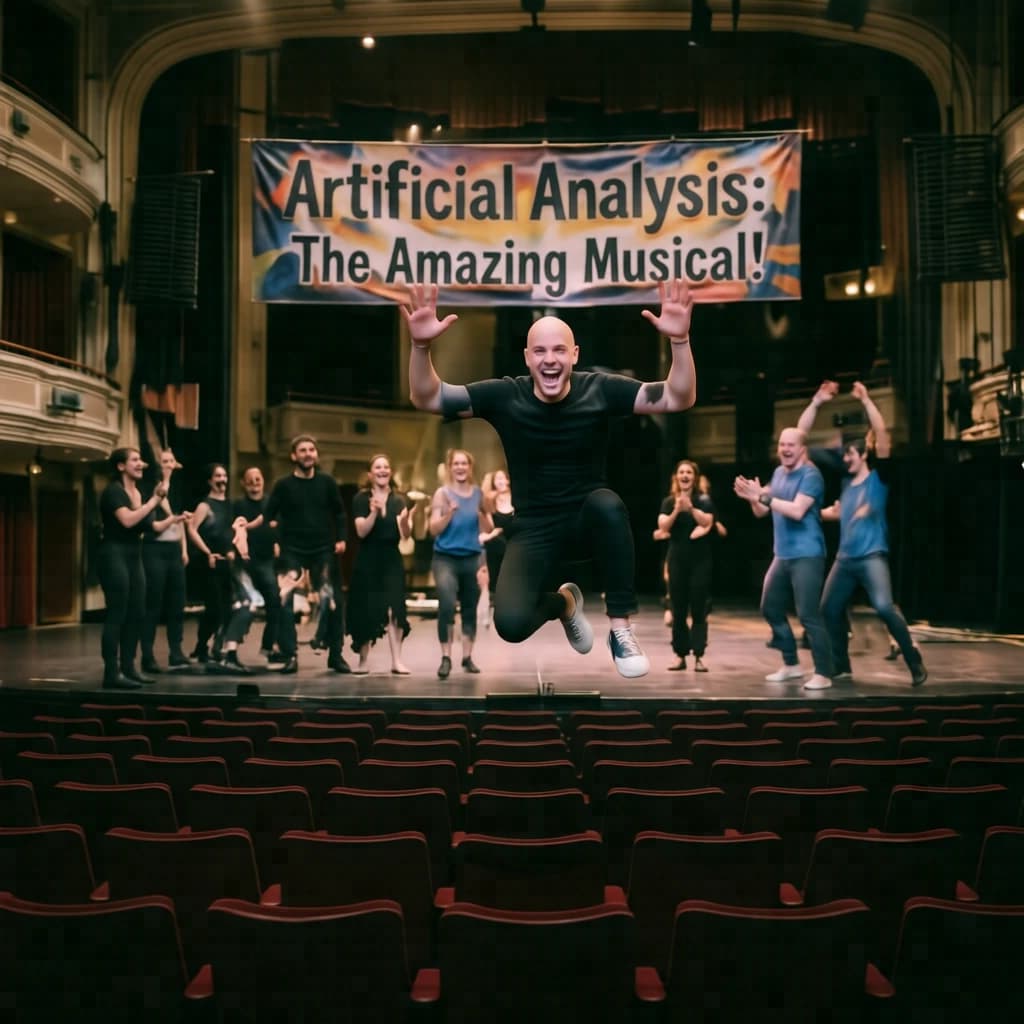 The musical troupe do a rehearsal in a large, empty theatre. 9 people are on the stage, half wear black and the others wear blue. The skinny bald director, seated in the second row, is practically leaping out of their seat with excitement as the leads nail their aerial. A giant banner reading "Artificial Analysis: The Amazing Musical!" is behind the actors.