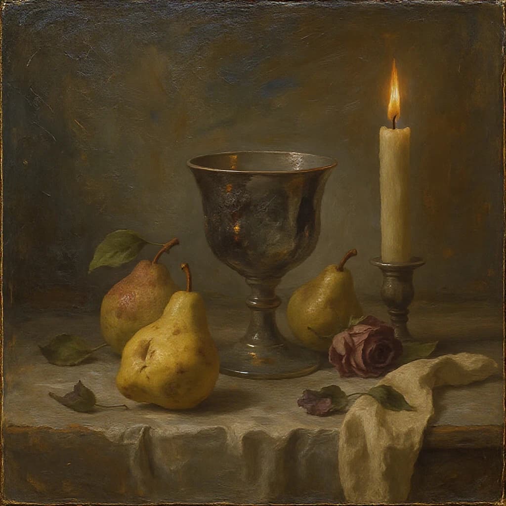 Create an oil on canvas still life with a tarnished goblet, bruised pears, and wilted roses, lit by a single candle; a bit muted palette, soft brushwork, subtle craquelure.