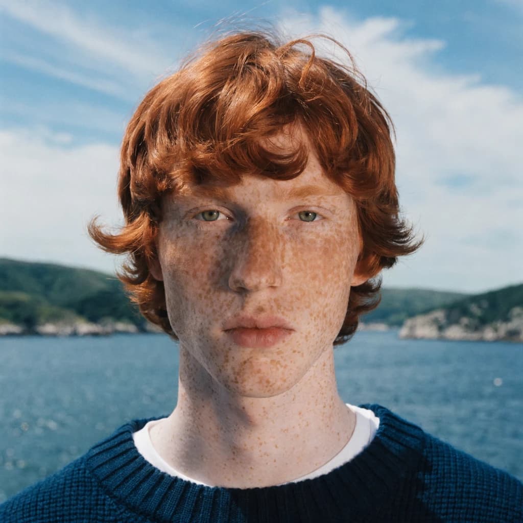 Shoot a natural light headshot of a red-haired man with freckles, green eyes.