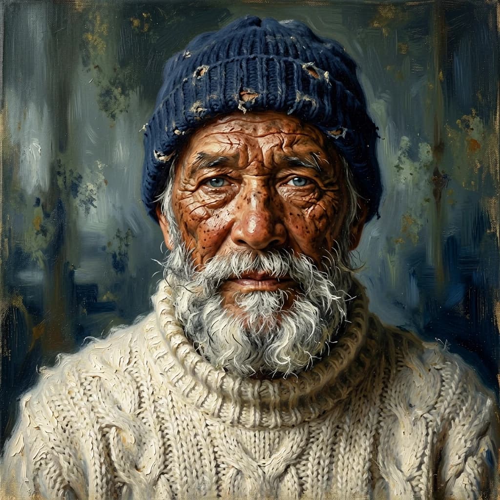 Oil on canvas portrait of an elderly sailor, weathered face, soft light.