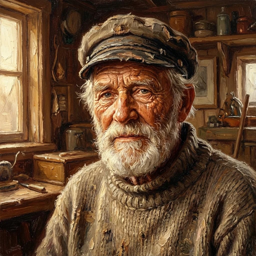 Oil on canvas portrait of an elderly sailor, weathered face, soft light.