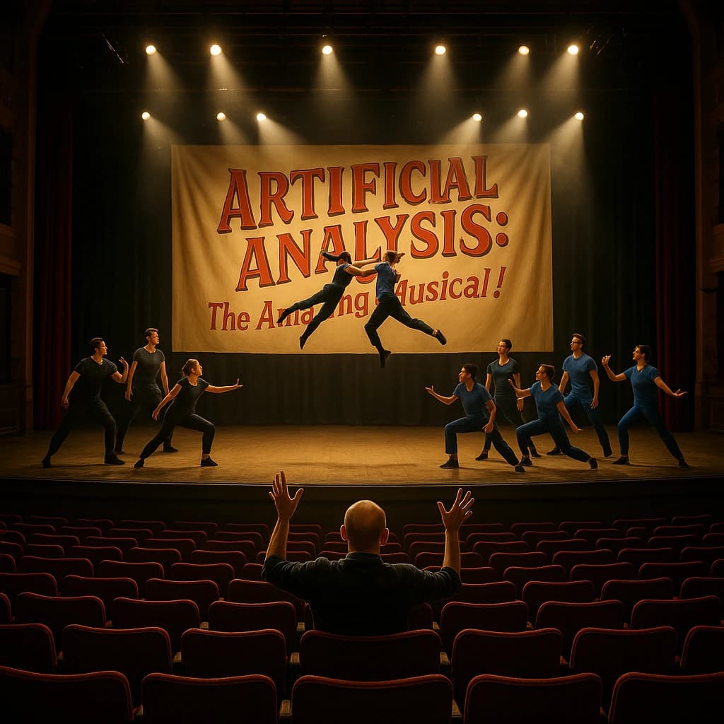 The musical troupe do a rehearsal in a large, empty theatre. 9 people are on the stage, half wear black and the others wear blue. The skinny bald director, seated in the second row, is practically leaping out of their seat with excitement as the leads nail their aerial. A giant banner reading "Artificial Analysis: The Amazing Musical!" is behind the actors.