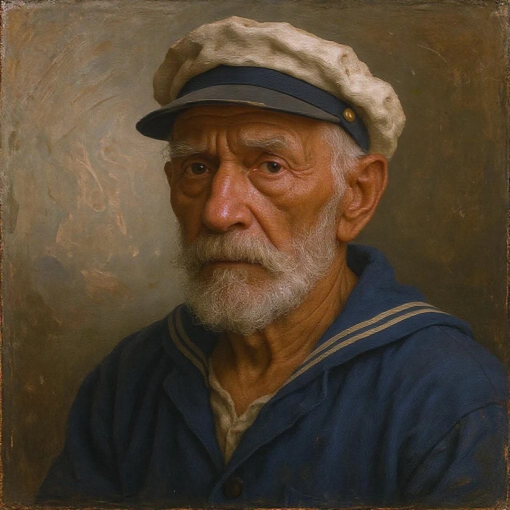 Oil on canvas portrait of an elderly sailor, weathered face, soft light.