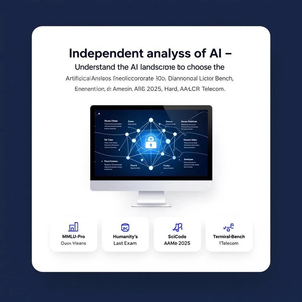 On a white dashboard with thin gray dividers, place a centered header in Helvetica Neue Bold, 20pt: “Independent analysis of AI - Understand the AI landscape to choose the best model and provider for your use case.” Directly beneath, a subheader in smaller Regular weight, 14pt: “Artificial Analysis Intelligence Index v3.0 incorporates 10 evaluations: MMLU-Pro, GPQA Diamond, Humanity's Last Exam, LiveCodeBench, SciCode, AIME 2025, IFBench, AA-LCR, Terminal-Bench Hard, 𝜏²-Bench Telecom.” The header is fully justified but the subheader is left-aligned. In the upper right corner, the Artificial Analysis logo appears watermarked, diagonal, faint gray, partially overlapping the scrollbar.