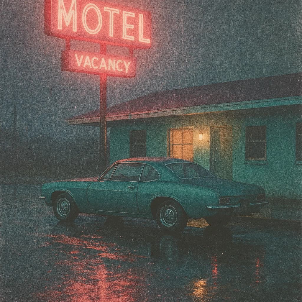 Show an old roadside motel under neon at midnight, rain on asphalt, a teal classic coupe parked; a bit of film grain, slightly faded pastels, halftone print, paper texture.