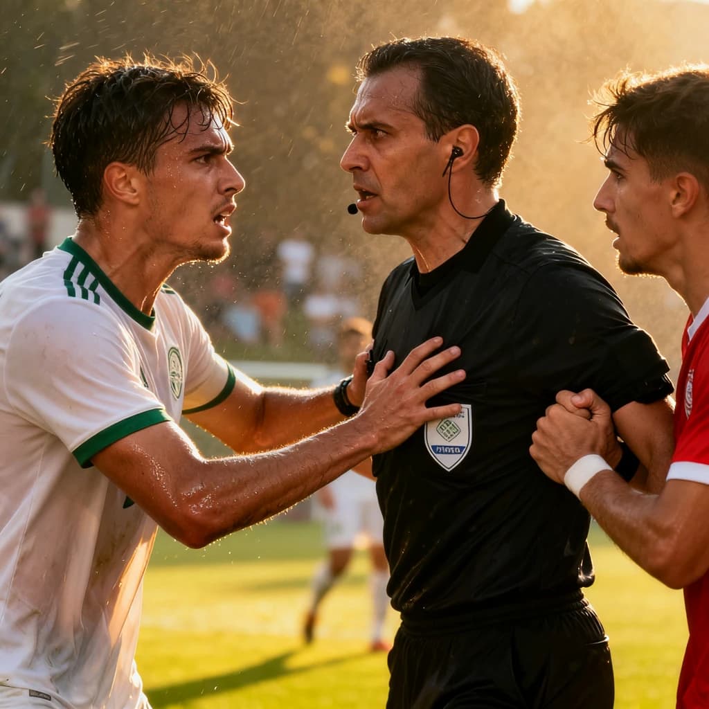 The soccer player clashes with the ref. It is thick and humid and the heat is getting to the players. His friend tries to pull him off before he causes any more trouble.