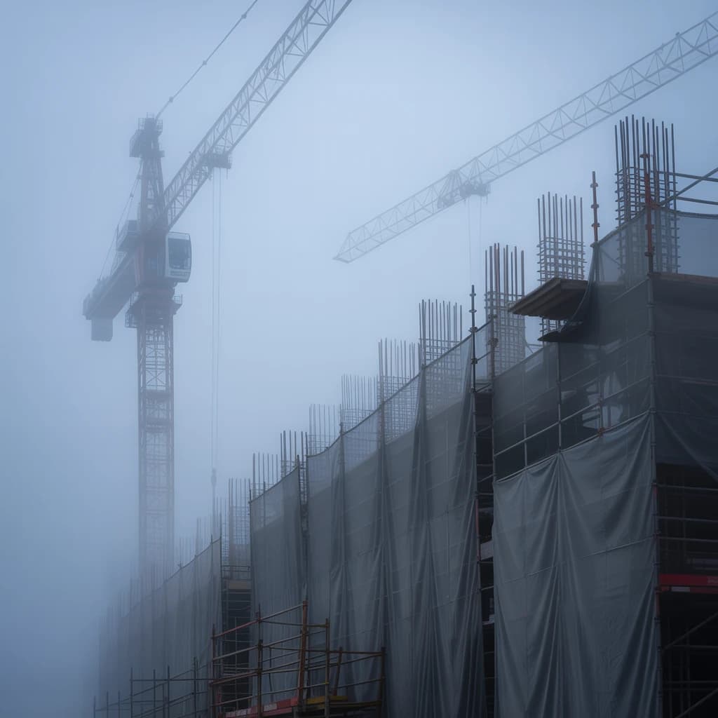 A construction site stretched upward into fog, cranes frozen in silhouette. Wind rattled scaffolding draped with torn mesh that glowed faintly from nearby billboards