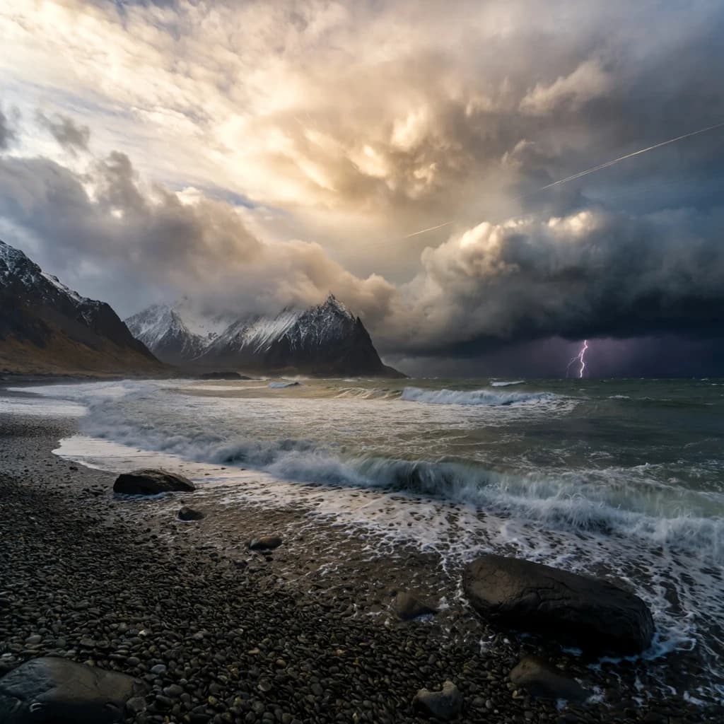 A stunning mountain vista pokes through the cloud top. Contrails from a distant airplane linger in the air. In the foreground there is a stony beach with foamy seas. A thunder storm is visibile in the distant right.