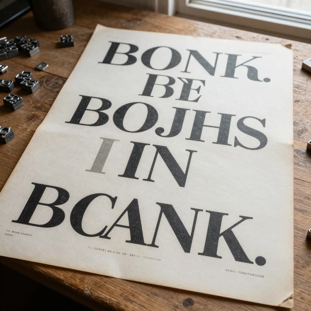 A vintage letterpress poster on a wooden desk: bold slab serif headline, tight kerning, misregistered ink, slightly worn edges, scattered metal type, soft window light.