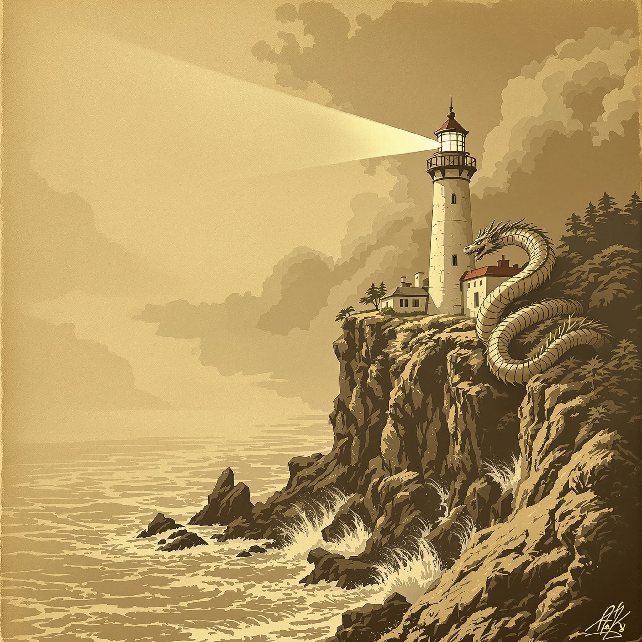 Let's do a sepia pulp cover where a dragon coils around a cliffside lighthouse.