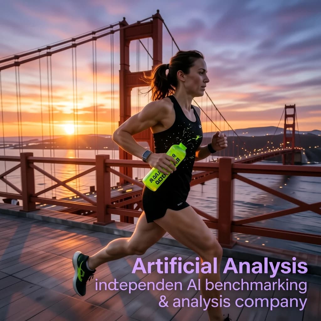 A runner dashes across the Golden Gate Bridge at dawn, sunlight streaming between cables. In their hand, they carry a neon-green sports drink with the brand name Artificial Analysis splashed boldly across the bottle. Motion blur emphasizes speed, while crisp purple sans serif typography overlays the bottom right of the scene with the tagline: Artificial Analysis is an independent AI benchmarking & analysis company