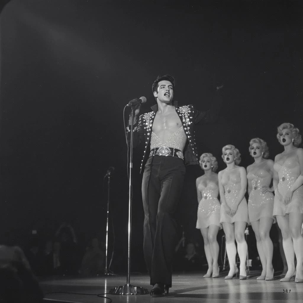 An archival image from 1953 of the rock singer swinging his hips on the stage while glamorous back up singers feign shock at his gyrations! He wears a diamond encrusted jacket with the stones arranged in the shape of a heart