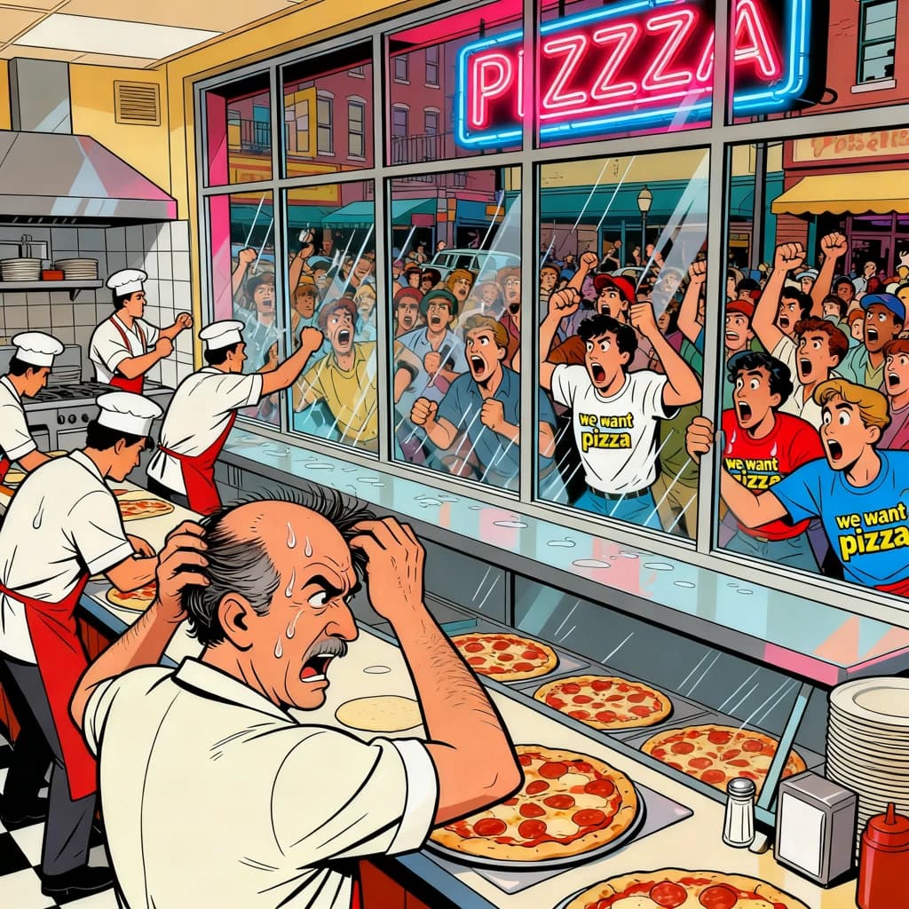 Pasquale is pulling his few remaining hairs out over a disaster at the pizzeria - the cooks are working as fast as they can but the crowds outside are swelling and they demand hot hot pizza! They are banging on the glass and some are wearing "we want pizza" shirts. 1980s western TV animation style.