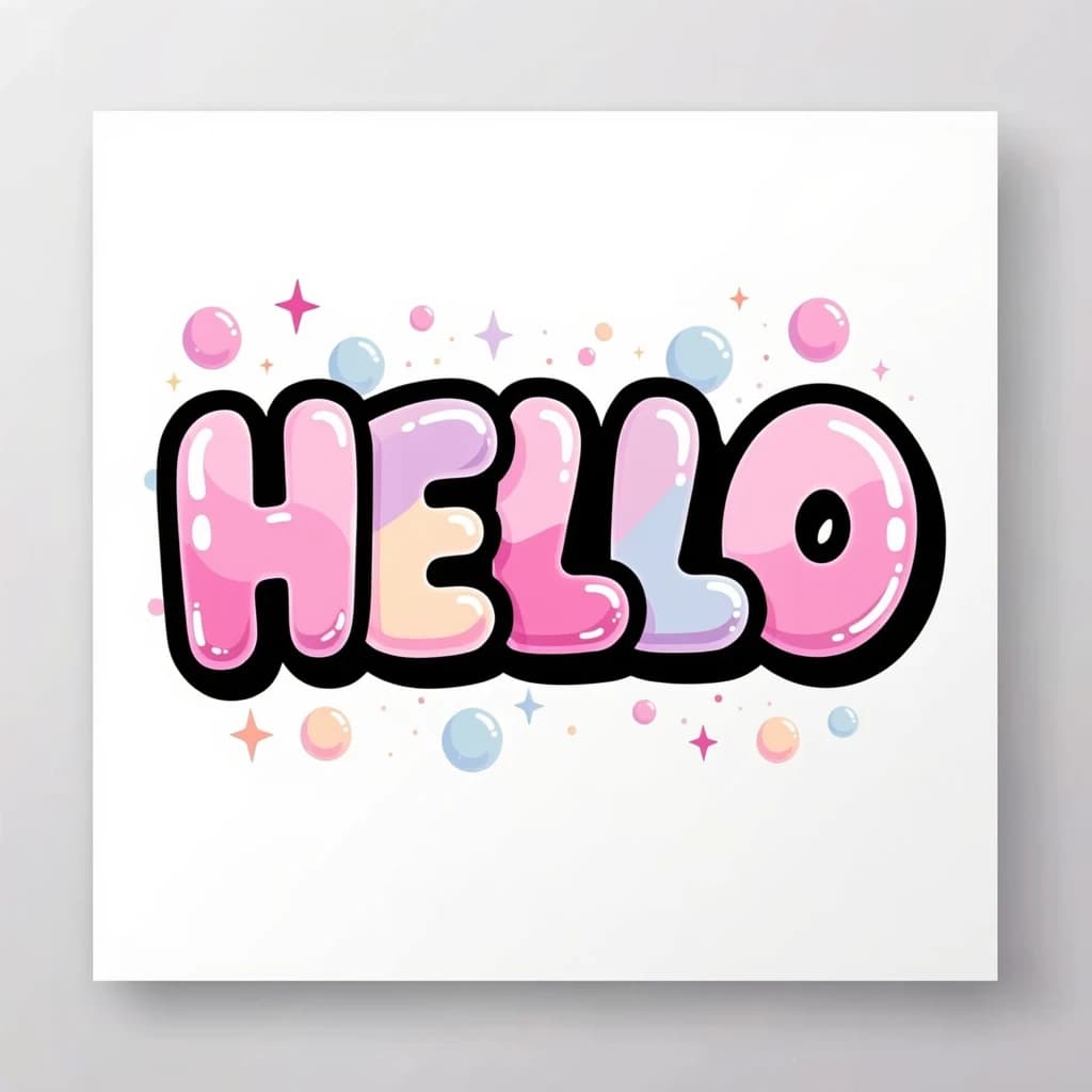 Make a bold bubble-letter poster that says HELLO, pastel palette, thick outline.