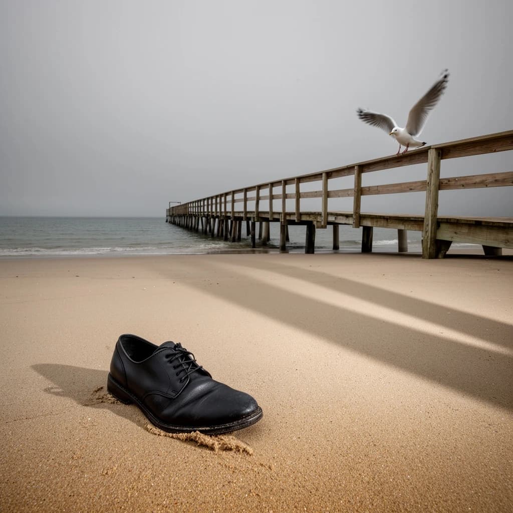 The beach is flat, sand beige, granular, no shells, except for a single left shoe, black leather, size eleven, half buried at an angle. The pier extends straight into the water, wood untreated, grain visible, though the support posts vanish before they touch the surface. The sky is uniformly gray, no clouds, yet shadows stretch at sharp diagonals. A single gull sits on the railing, wings outstretched, frozen mid-flap, no movement.