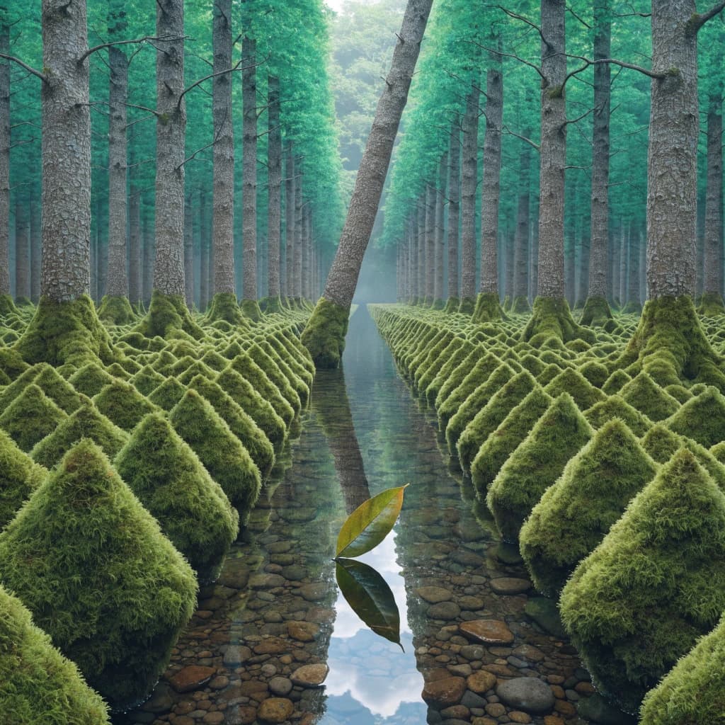 The forest is saturated green, trees identical in height and width, trunks straight, bark texture repeating. One trunk leans diagonally yet the branches remain vertical. The moss is emerald, glistening, though each patch forms identical diamond shapes. A stream runs straight, perfectly linear, water clear, reflecting clouds not visible in the sky. No animals, no insects, but one leaf floats on the water, doubled, showing two overlapping shadows.