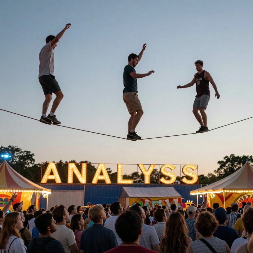 At dusk, high above a carnival crowd, three tightrope walkers balance on a single rope with no aids, one is off balance and grabbing at air. Below, the audience looks upward with baited anticipation. Artificial Analysis is spelled out in the background in carnival lights
