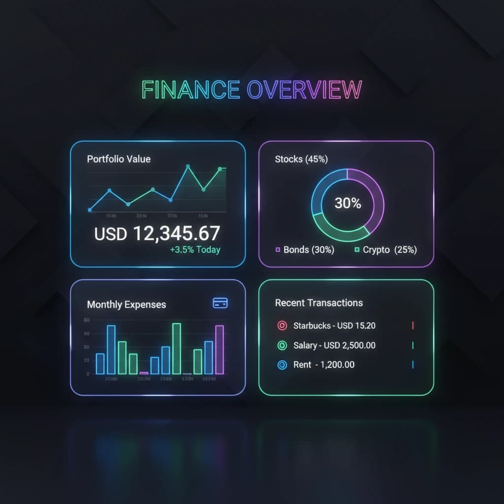 Make a dark mode finance dashboard with charts, glassmorphism, soft neon glow.