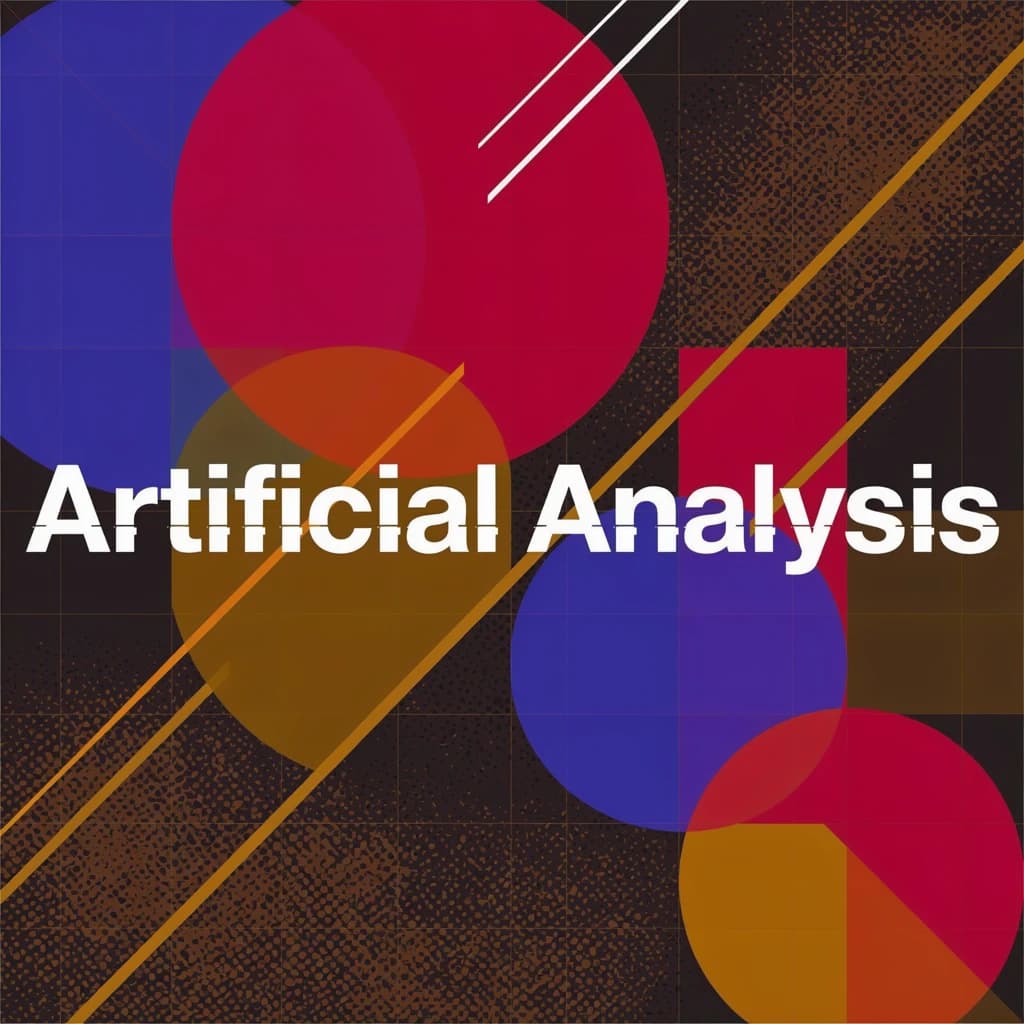 A bold poster composition dominated by flat geometric shapes in crimson, cobalt, and ochre. Overlapping circles and sharp diagonal lines create dynamic tension across the frame. A single sans-serif word — Artificial Analysis — stretches across the center in stark white, distorted slightly as though caught mid-glitch. The background is textured with halftone dots and faint grid lines, while subtle overlays of translucent rectangles suggest depth. Designed in the spirit of modernist Swiss typography fused with digital glitch aesthetics.