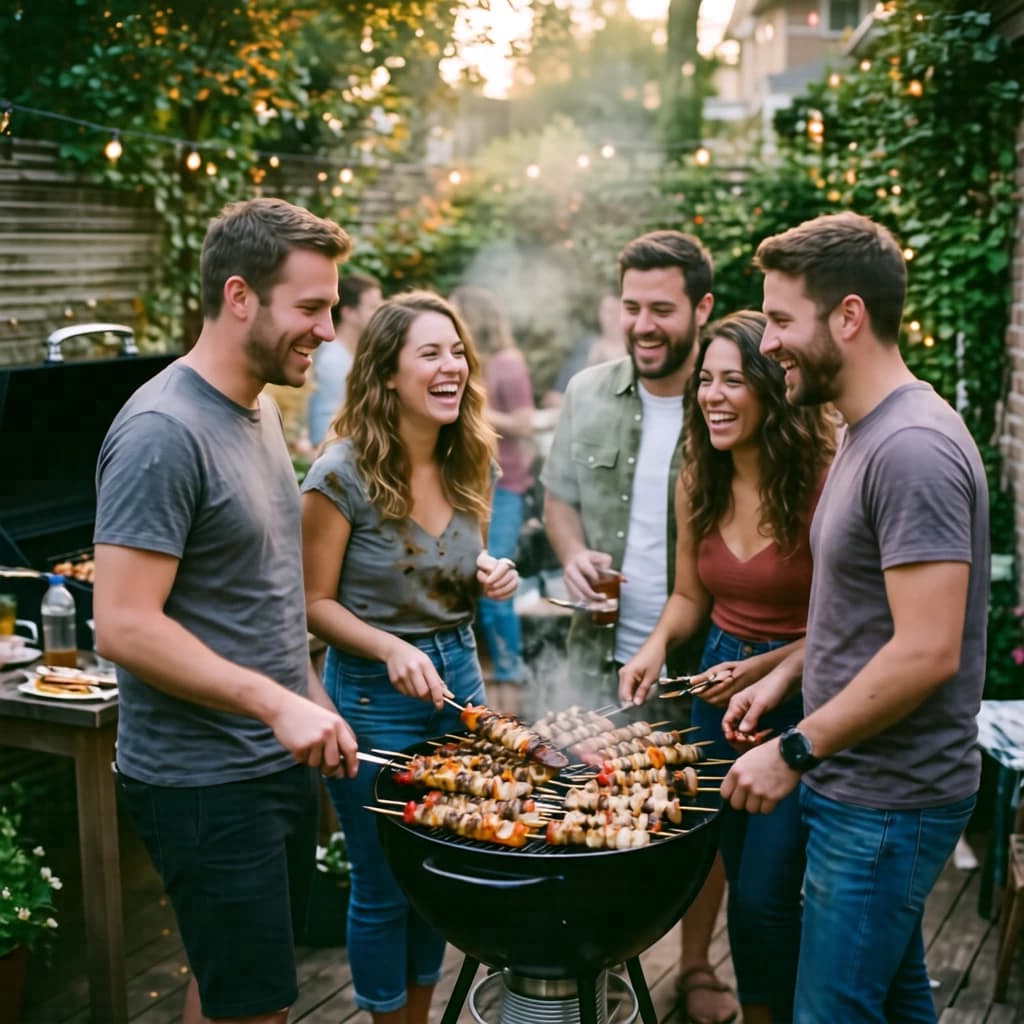 Friends grill skewers on a slightly messy patio.