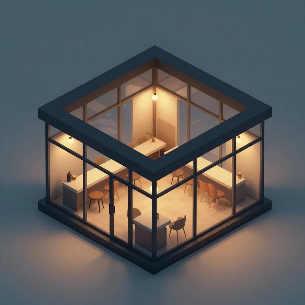 Isometric 3D lobby, glass walls, warm lights, slightly moody, soft shadows.