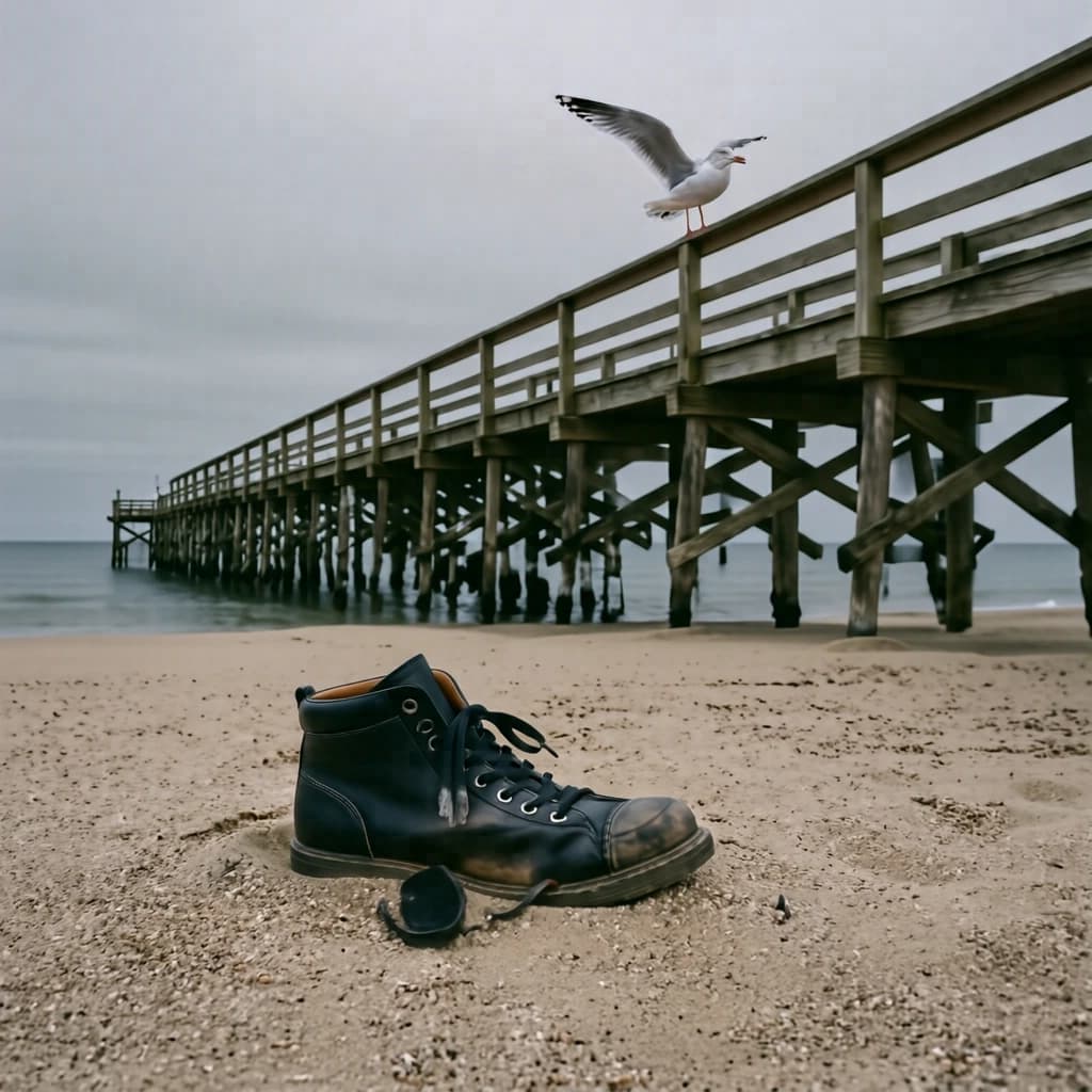 The beach is flat, sand beige, granular, no shells, except for a single left shoe, black leather, size eleven, half buried at an angle. The pier extends straight into the water, wood untreated, grain visible, though the support posts vanish before they touch the surface. The sky is uniformly gray, no clouds, yet shadows stretch at sharp diagonals. A single gull sits on the railing, wings outstretched, frozen mid-flap, no movement.