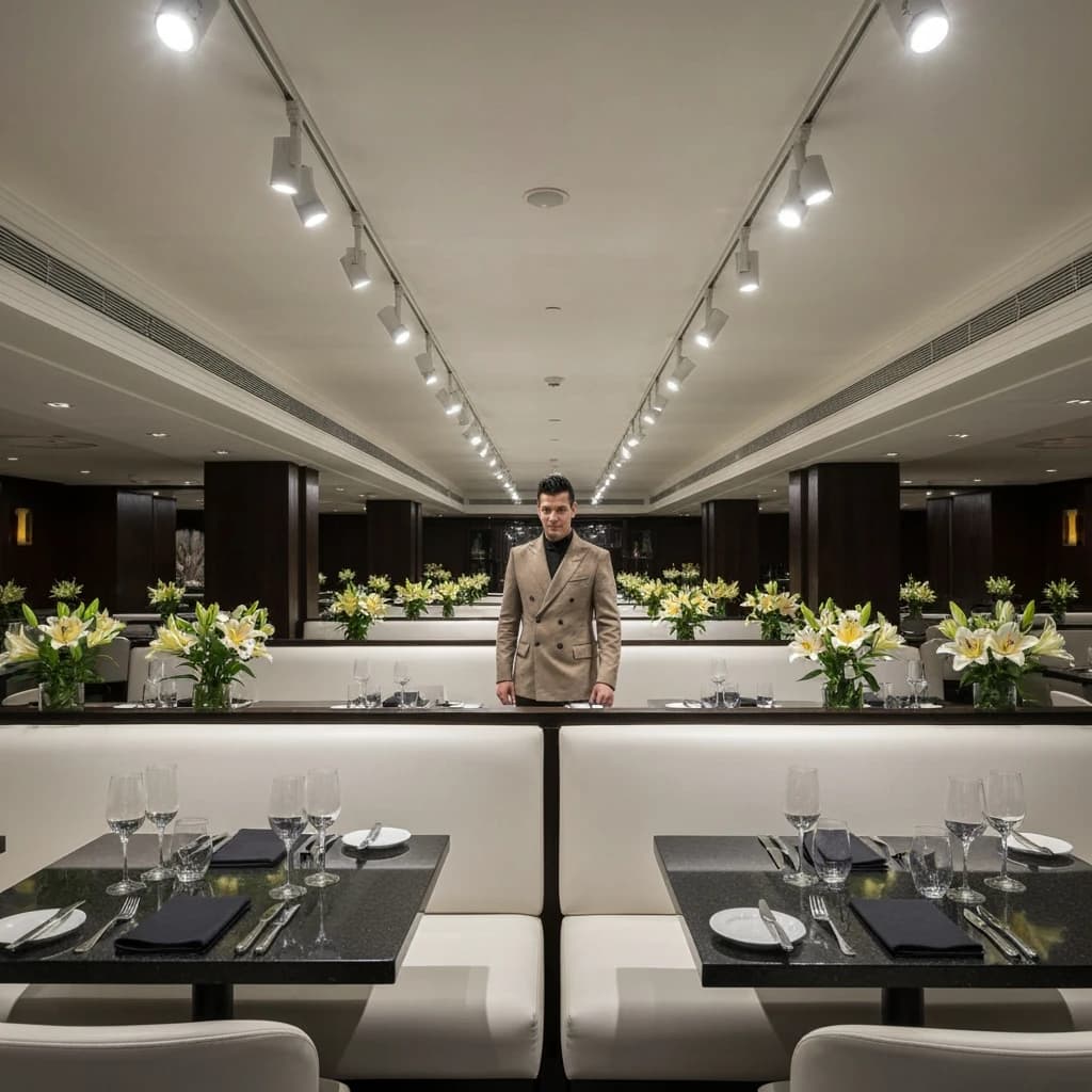 The place is almost empty. The banquettes are covered in white leather, the tables black granite, and the entire room is bathed in halogen track lighting that seems too bright. The maître d’ wears a double-breasted wool crepe jacket. There are lilies on every table.