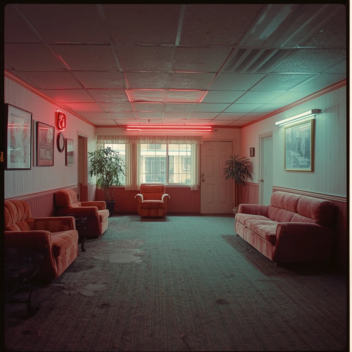Show a faded 70s motel lobby with humming neon, sticky carpet, film grain.