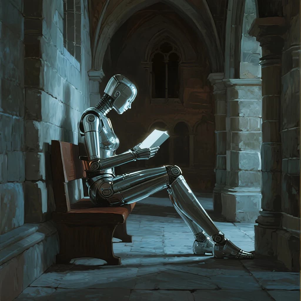 Oil painting of a chrome android reading in a stone chapel, a bit somber.