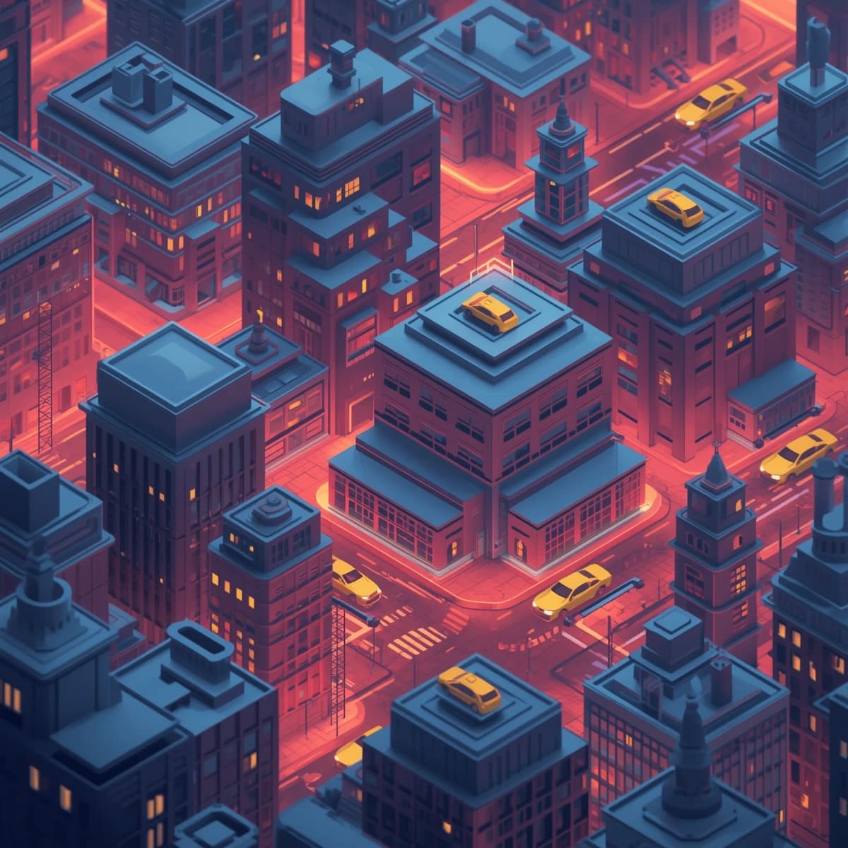 Design an isometric neon city with hovering taxis, clean lines, soft glow.