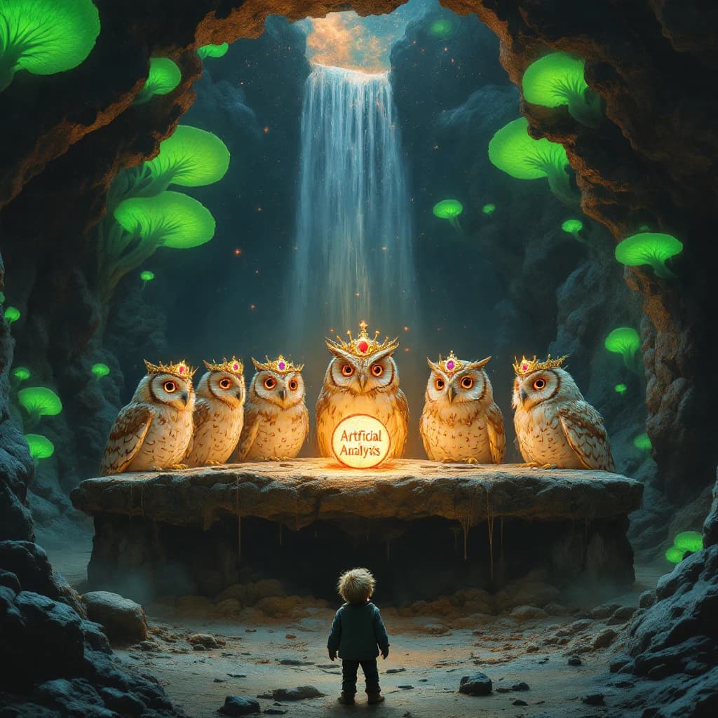 In a cavern lined with bioluminescent fungi glowing lime green, the council of owls wear jeweled crowns that glimmer with rubies, their wings folded behind their backs. Dust coats the stone table, a glowing orb inscribed with “Artificial Analysis” hovers above the table illuminating the owls with its red pulsating light. Behind them, a waterfall falls upward into a ceiling that opens onto stars - a child looks down in wonder from above at what he has stumbled across.