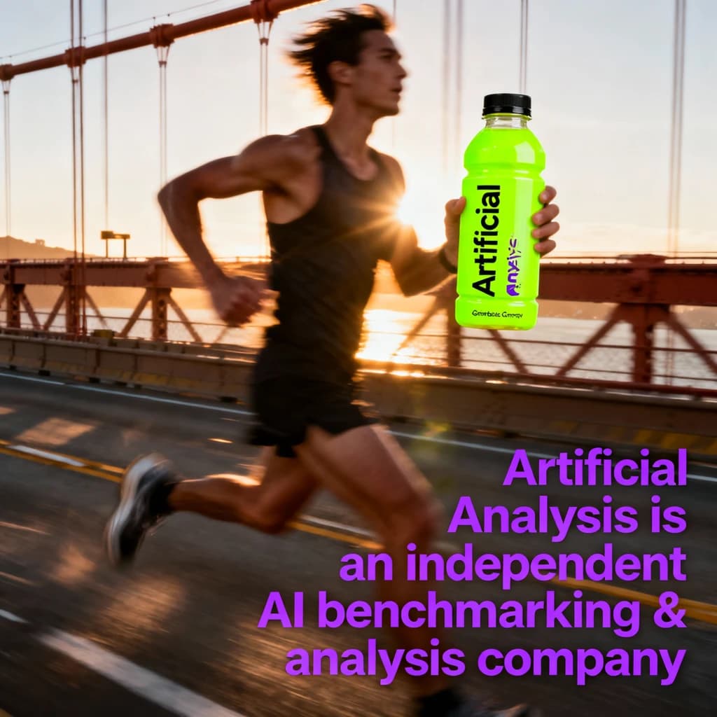 A runner dashes across the Golden Gate Bridge at dawn, sunlight streaming between cables. In their hand, they carry a neon-green sports drink with the brand name Artificial Analysis splashed boldly across the bottle. Motion blur emphasizes speed, while crisp purple sans serif typography overlays the bottom right of the scene with the tagline: Artificial Analysis is an independent AI benchmarking & analysis company