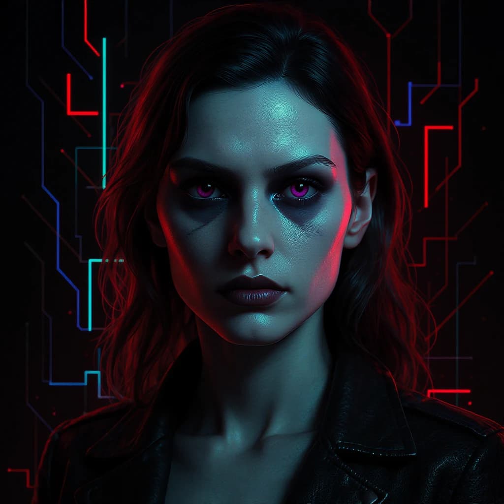 Render a stark 3D portrait of a stern woman, neon accents and vector overlays.