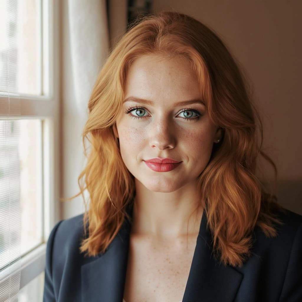 Capture a head-and-shoulders portrait of a freckled red-haired violinist in a navy blazer, soft window light, 85mm at f/1.8, gently smiling yet serious eyes, muted tones.