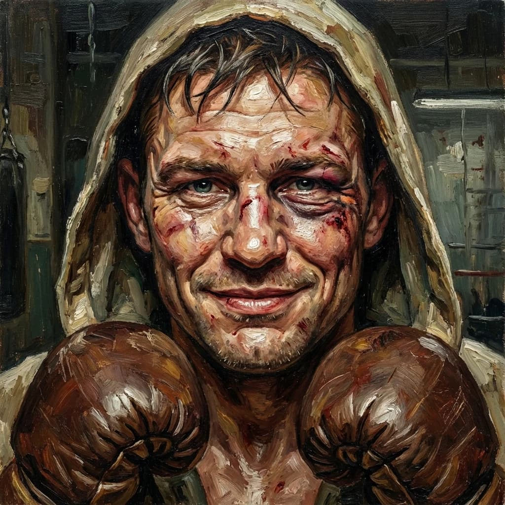 Paint a bruised boxer smiling, serious expression.