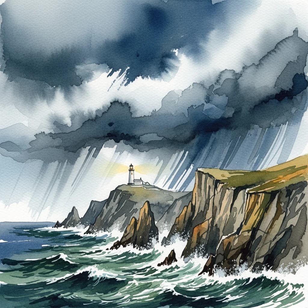 Please paint a watercolor of stormy cliffs and a lighthouse, moody sky.
