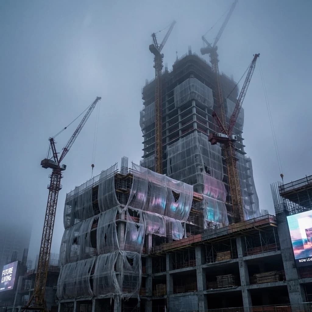 A construction site stretched upward into fog, cranes frozen in silhouette. Wind rattled scaffolding draped with torn mesh that glowed faintly from nearby billboards