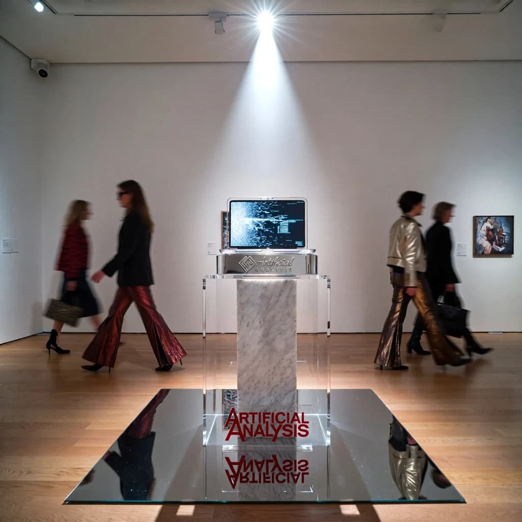 In a spotless gallery space, a pedestal supports a transparent laptop whose screen flickers between static and pristine brand imagery. Shoppers blur past in designer clothes that appear slightly outdated - bell bottoms, metallic jackets. The embossed logo “Artificial Analysis” glints silver, yet its reflection in the glass floor reads in crimson letters. A single spotlight shines, though shadows fall in two directions.