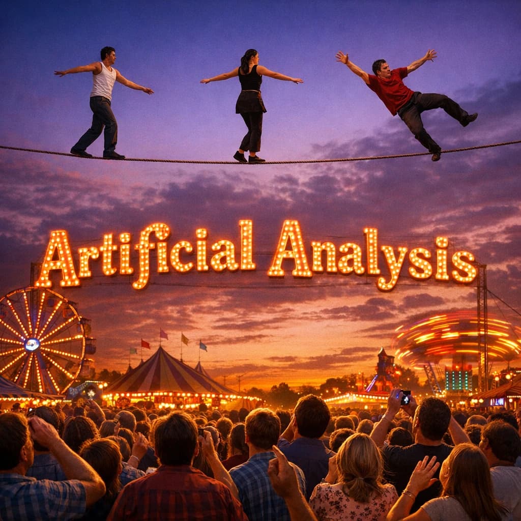 At dusk, high above a carnival crowd, three tightrope walkers balance on a single rope with no aids, one is off balance and grabbing at air. Below, the audience looks upward with baited anticipation. Artificial Analysis is spelled out in the background in carnival lights
