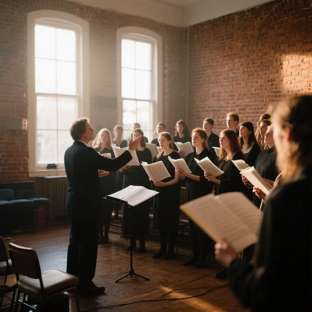 A choir rehearses in a brick hall as somewhat dramatic morning light falls through high windows, with a patient conductor mid-gesture, open scores, intent faces, slight motion blur.