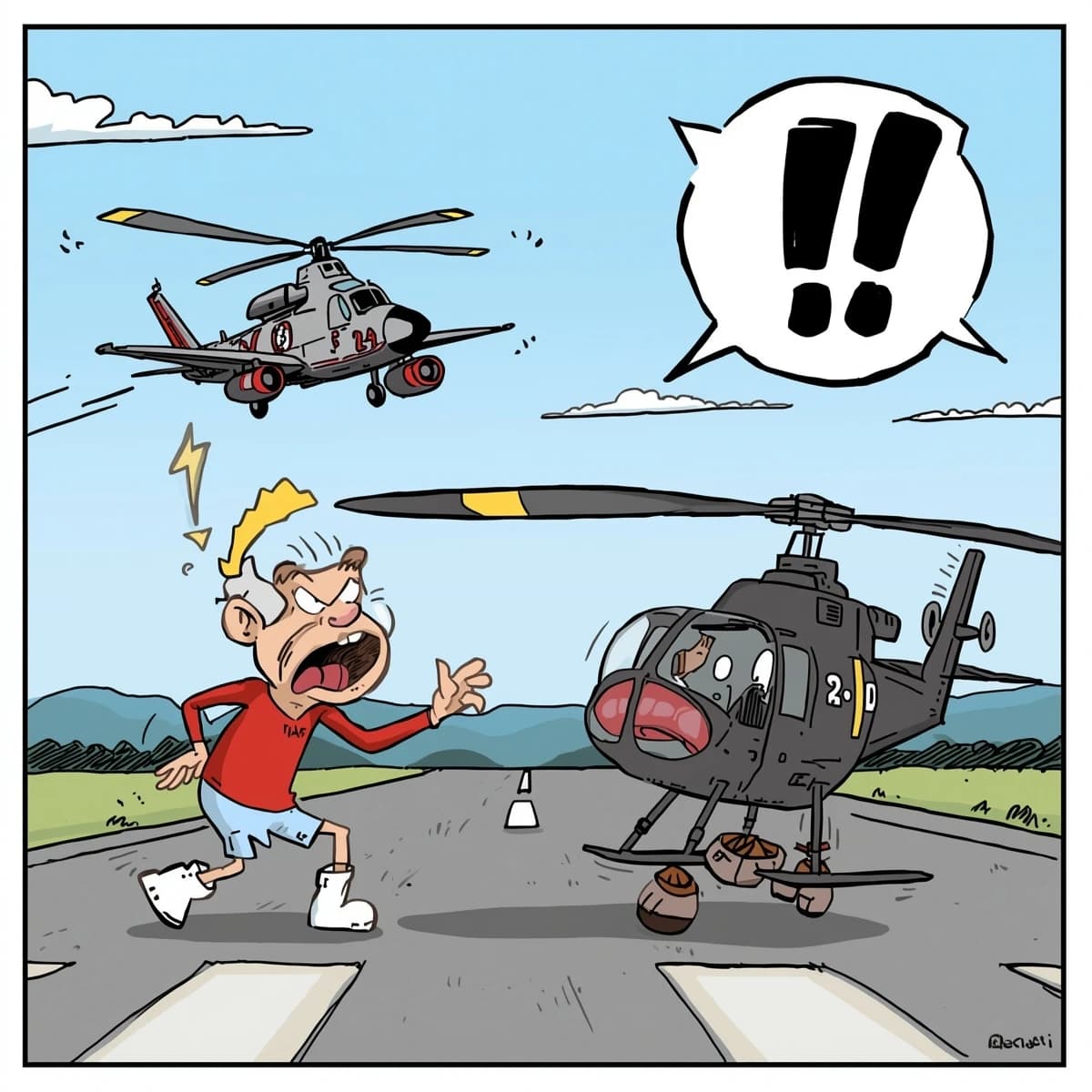 Almost at the runway, Fred the Fighter Jet is racing with Barry the Bomber to see who lands first. Fred has a mischievous trick up his sleeve but Hermione the Helicopter is going to stop him before he gets the chance. The control tower is very angry and has a big exclamation mark. Hand drawn cel look