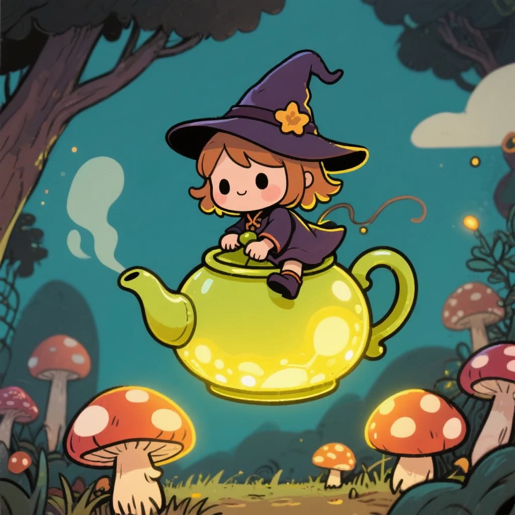 A tiny witch rides a teapot over glowing mushrooms, a bit chibi, thick lines.