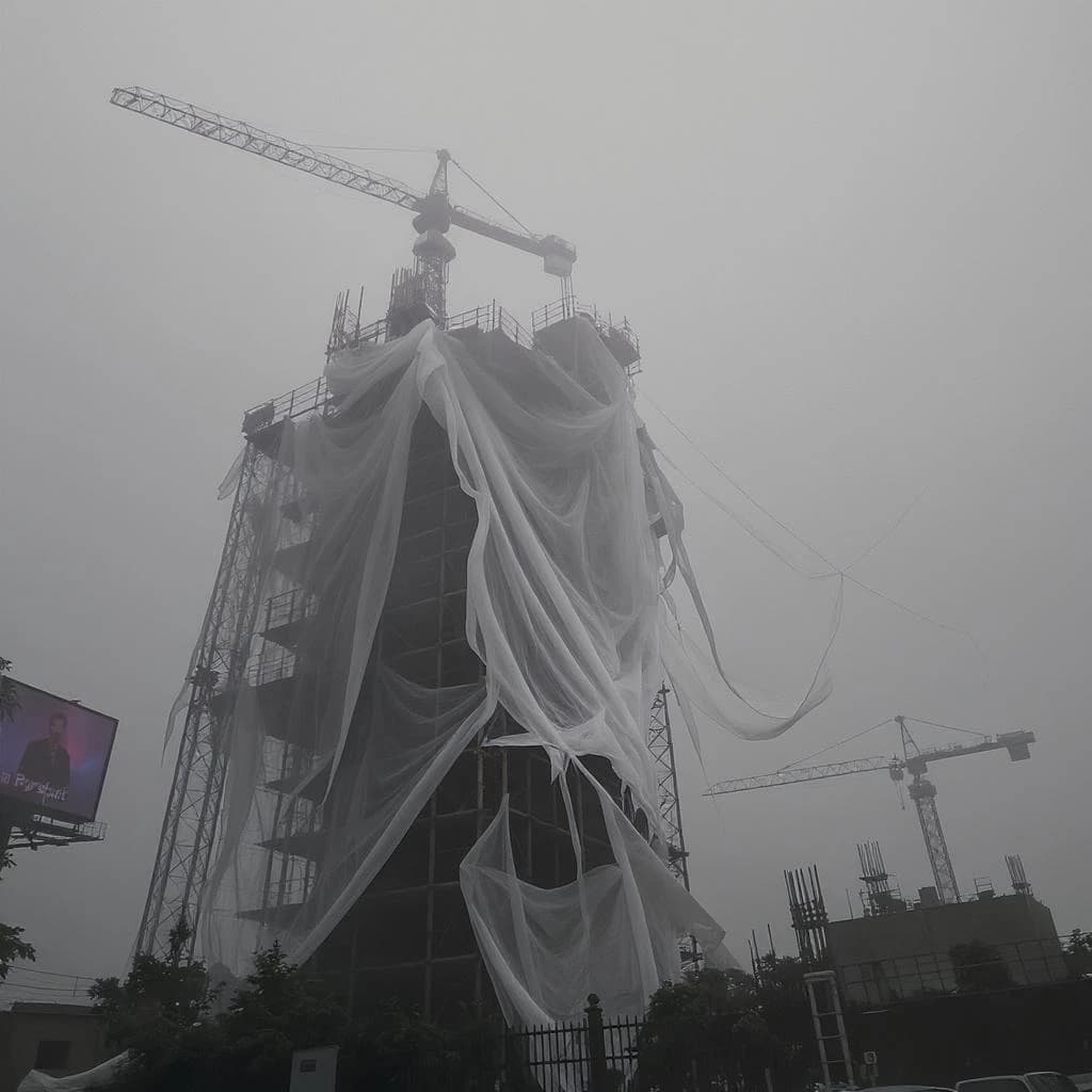 A construction site stretched upward into fog, cranes frozen in silhouette. Wind rattled scaffolding draped with torn mesh that glowed faintly from nearby billboards