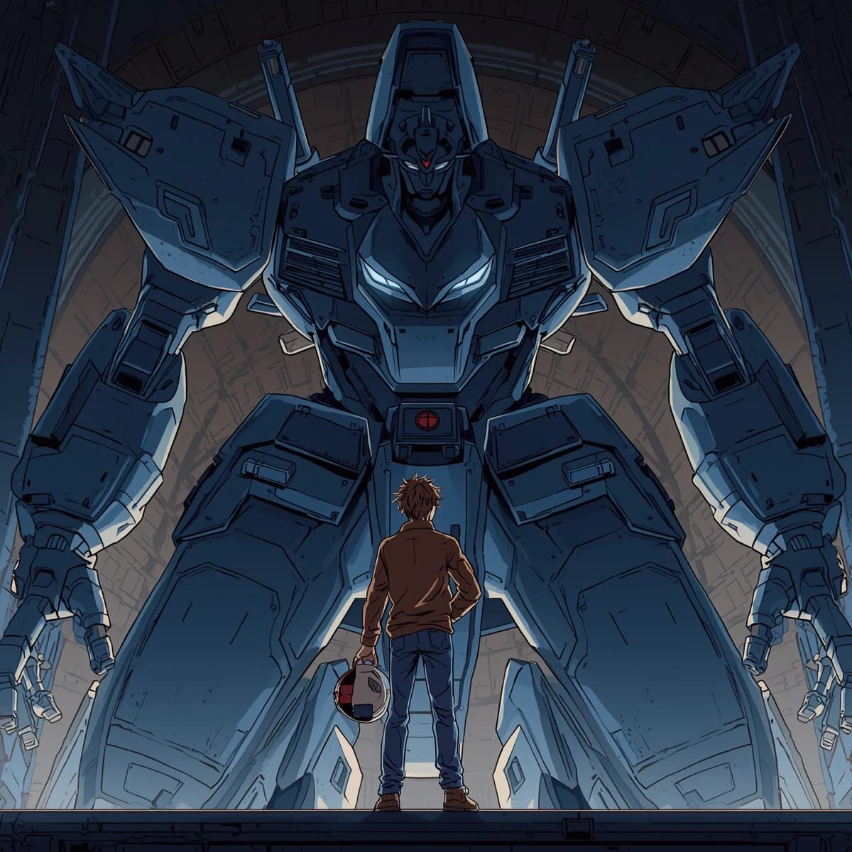 A teenage pilot grips his helmet under one arm, standing at the edge of a glowing hangar bay. Before him looms a sleek, steel-blue mech, its eyes lit with a cold electric glare. His school uniform is rumpled, a sharp contrast to the machine’s flawless plating. The vast scale engulfs him in shadow, emphasizing both awe and dread. Hand-drawn anime style.
