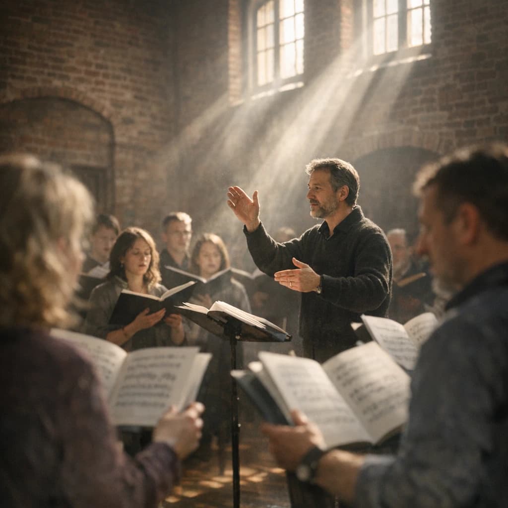 A choir rehearses in a brick hall as somewhat dramatic morning light falls through high windows, with a patient conductor mid-gesture, open scores, intent faces, slight motion blur.